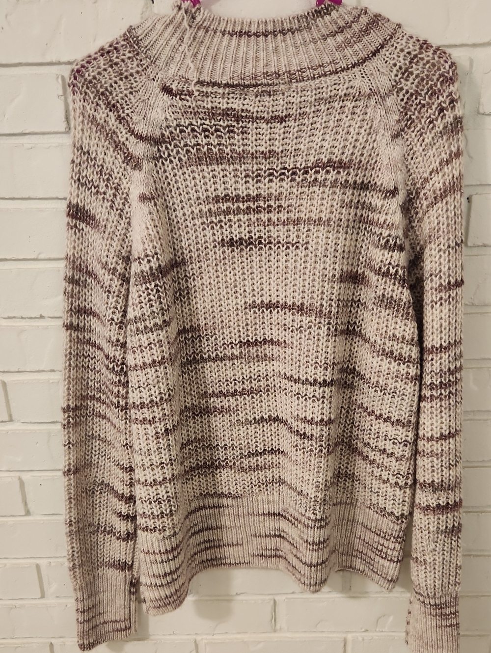 Falls Creek Cream and Burgundy Marled Crew Neck Sweater HAS FLAW - Picture 6 of 8